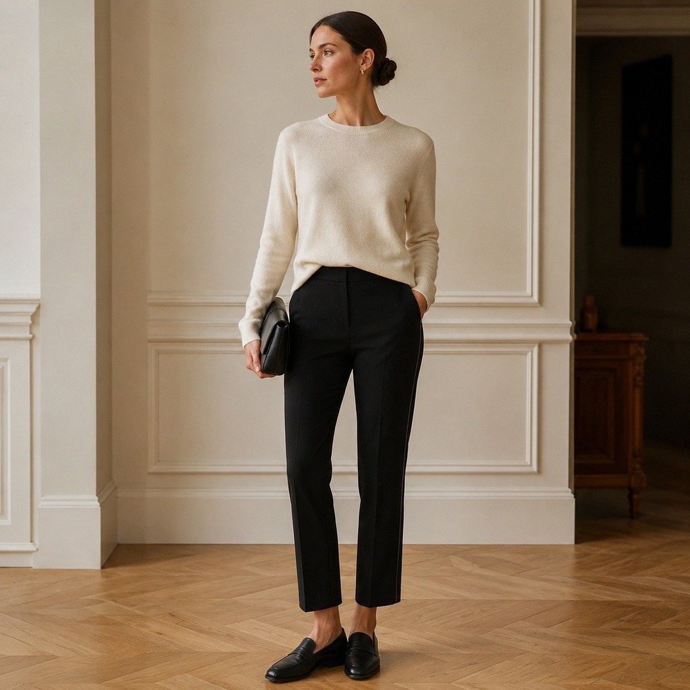 Eileen Fisher Slim Ankle Pants M Black Italian Knit Leather Trim‎ Career Stretch